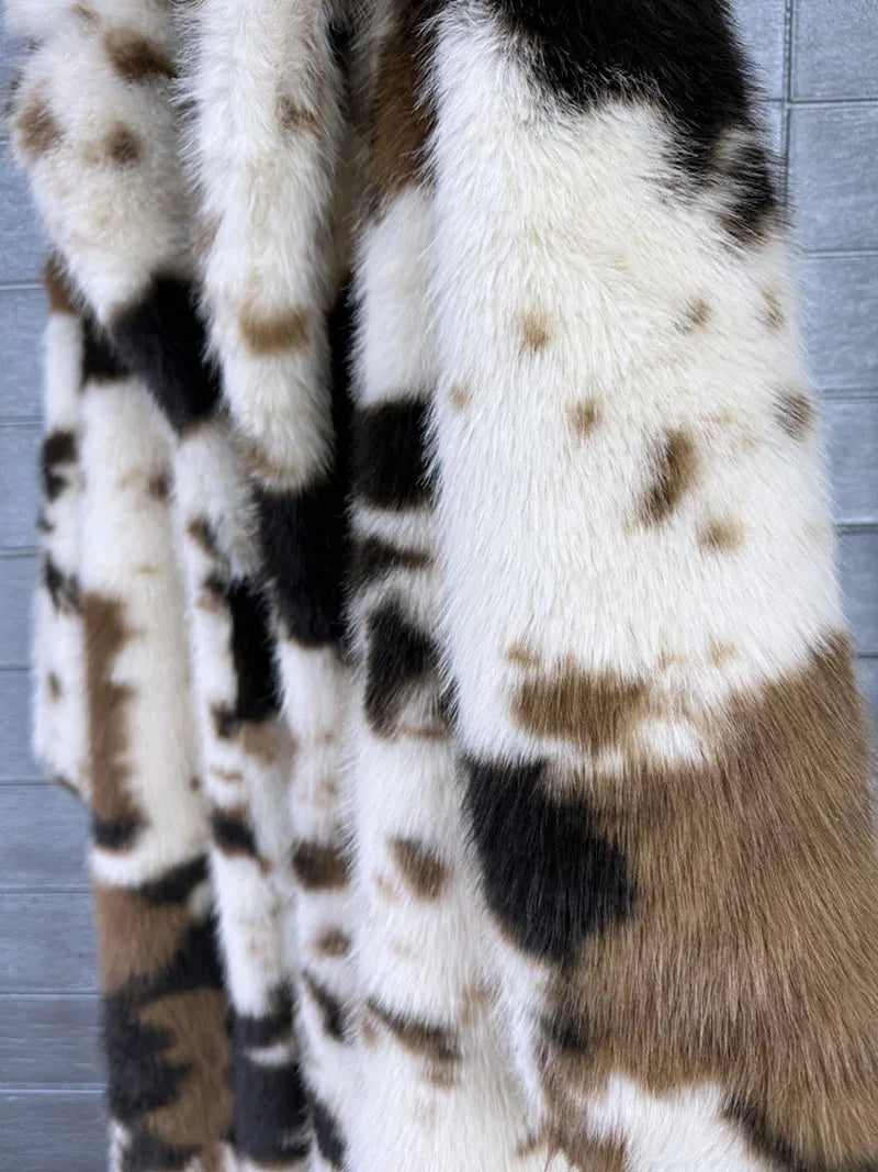 ZADORIN 130cm Long Thicken Lapel Cow Print White Brown Faux Fur Coat Woman Clothing Luxury Fluffy Jacket Winter Fur Coats Woman