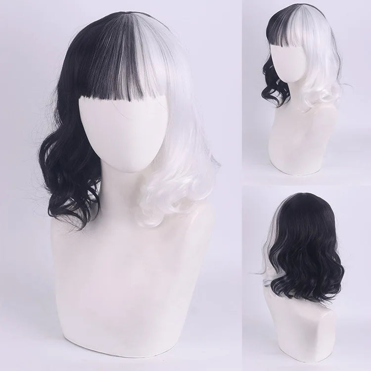 Cosplay Halloween Party Wigs CRUELLA Deville De Vil Black White With Bangs Short Bob Hair for Women Heat-Resistant Synthetic Wig
