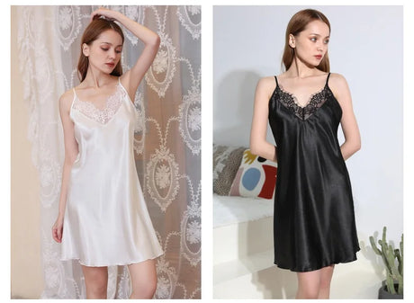 Women's Sleepwear Solid Short Satin Nightgown Mini Slip Chemise Nightwear Sexy Woman Nightie With Lace Trim