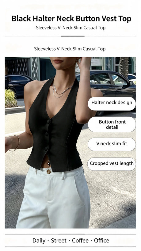 Women Black Halter Neck Button Vest Top Sleeveless V-Neck Slim Fit Back Tie Casual Streetwear Cropped Tank Top