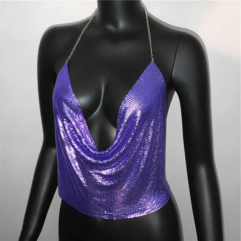 Sexy Metal Sequins Tank Top For Women 2025 Summer V Neck Backless Crop Tops Luxury Solid Short Party Nightclub Tank Tops