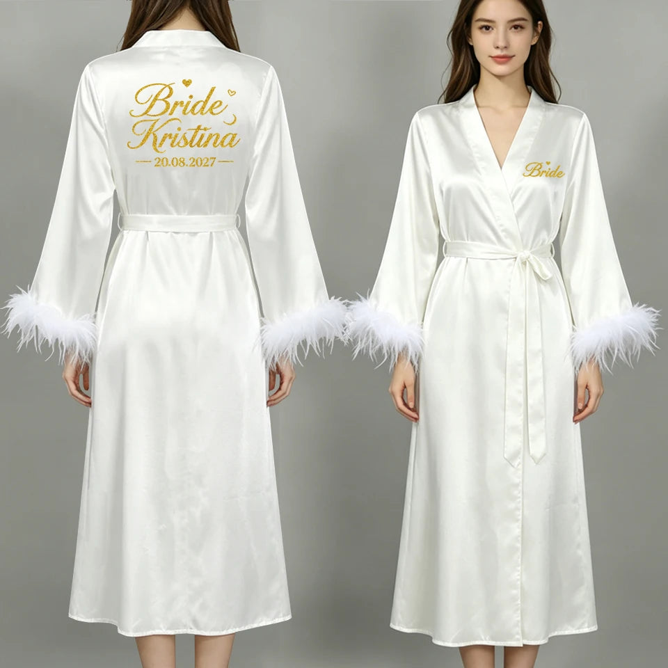 Custom Name Bride Robe Satin Feather Bridesmaid Robes Personalized Wedding Morning Gown Bachelorette Party Bathrobe