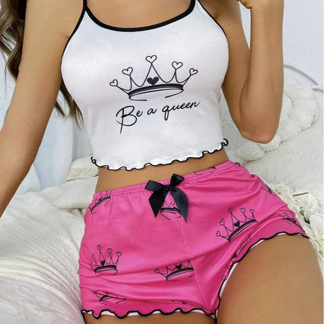 Summer Women's Milk Silk Printed Crown & Flamingo Shorts Tank Top Two-Piece Set Casual Loungewear Homewear Sleepwear
