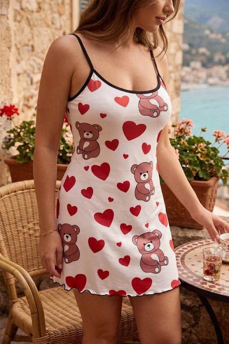Summer Women Satin Sleepdress Cute Teddy Bear Butterfly Heart Floral Pinting Sleepwear Ladies Sexy Sling Ruffled Hem Loungewear
