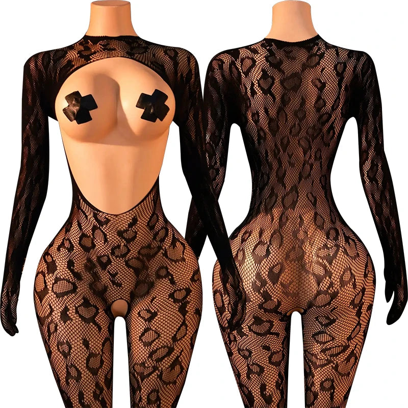 Sexy Crotchless Lingerie Women Open Back Teddies Body Suits Mesh See Through Bodystockings Full Sleeve Leopard Print Bodysuits
