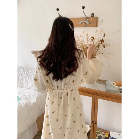 Women Bathing Robe Cartoon Cute Bear Print Bathrobe Nightgown Cardigan Long Sleeve Nightdress Plus Size Loungewear Nightgown Ro