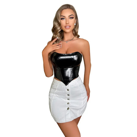 Black Shiny PVC Bustier Faux Leather Corset Crop Top Body Shaper Women Sexy Corselet Vest Plus Size