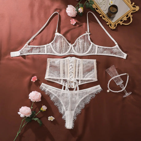 Toucheart Erotic Lingerie New French Style Lace Suspender See-through Gather Together Women Sexy Thin Pure Desire Underwear Set