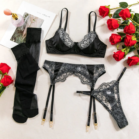 Wedding Night Gift 3 Piece Black Lace Lingerie Set for Women Bra with Garter Belt and Thong Sexy Bridal Underwear