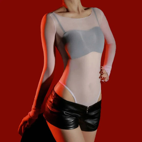 Sexy Women 5D Thin High Cut Bodysuit Oil Shiny Sheer See Through Elastic Tights Yoga Shaping Maid Jumpsuits Unisex Club Leotard