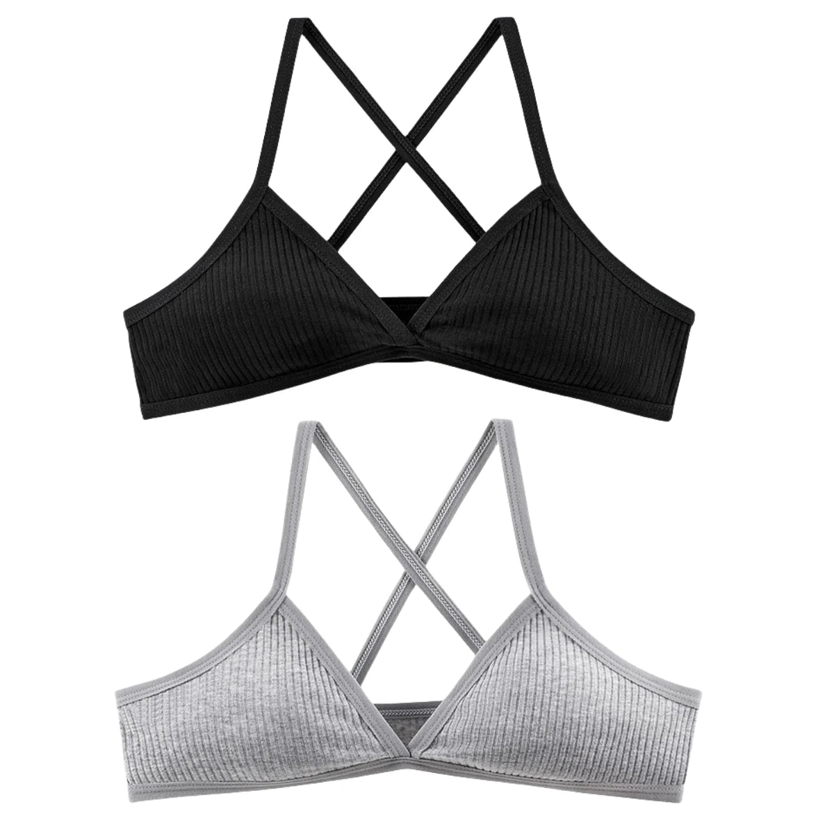 2Pcs/Set Ribbed Cross Back Triangle Bralette Set Women Spaghetti Strap Breathable Daily Bra Wireless Casual Daily Lingerie S-L