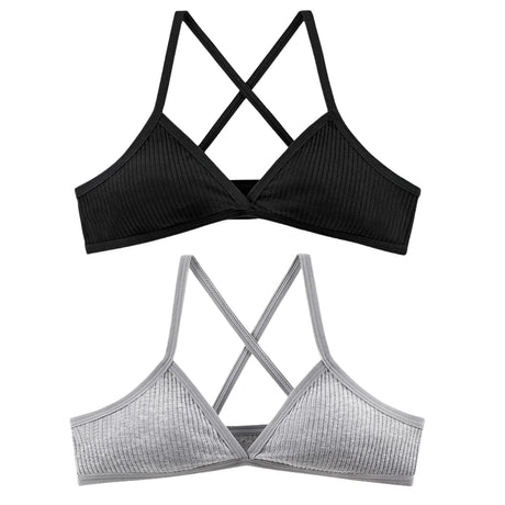 2Pcs/Set Ribbed Cross Back Triangle Bralette Set Women Spaghetti Strap Breathable Daily Bra Wireless Casual Daily Lingerie S-L