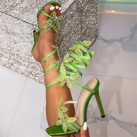 Liyke Summer Fashion Crystal Butterfly Ankle Strap Sandals Women Wedding Banquet Shoes Sexy Square Toe Green High Heels Size 42