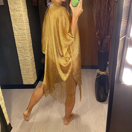Swimsuit Cover-ups Fashion Tassel Gold Bikini Beach Cover Up Sexy Beach Dress Tunics for Women Summer Wear See Through