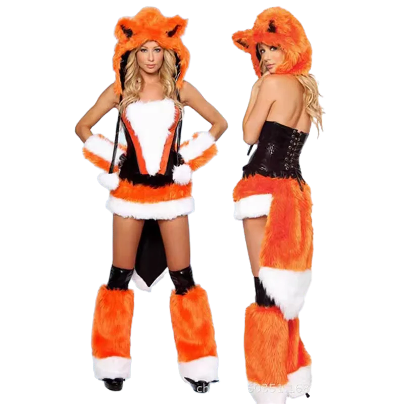 Sexy Christmas Ladies Costume Halloween Cosplay Big Tail Wolf Role Play Party Maid Seduction Santa Claus Gift Womens Uniform