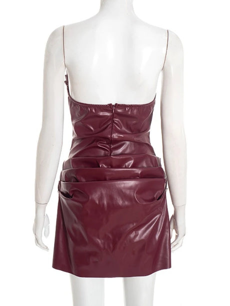 Chaxiaoa PU Leather Off-shoulder Strapless Sexy Mini Dress Women Gown Elegant Backless Sleeveless Ruched Club Party Dresses