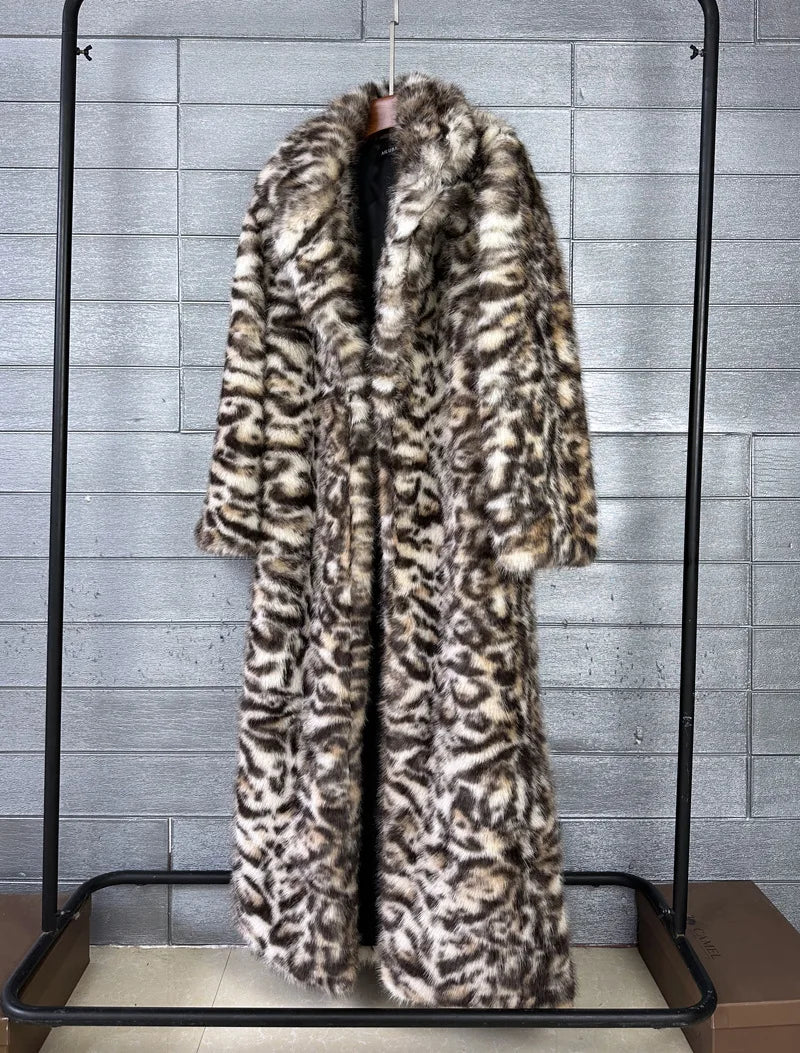 ZADORIN 130cm Long Thicken Lapel Cow Print White Brown Faux Fur Coat Woman Clothing Luxury Fluffy Jacket Winter Fur Coats Woman