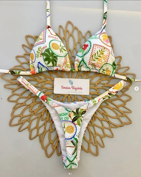 Print Sexy Bikini Sets Halter Lace-up Tops Thongs Beach Style Bathing Suit Y2k Swimsuits Women Beachwear Купальник Женский