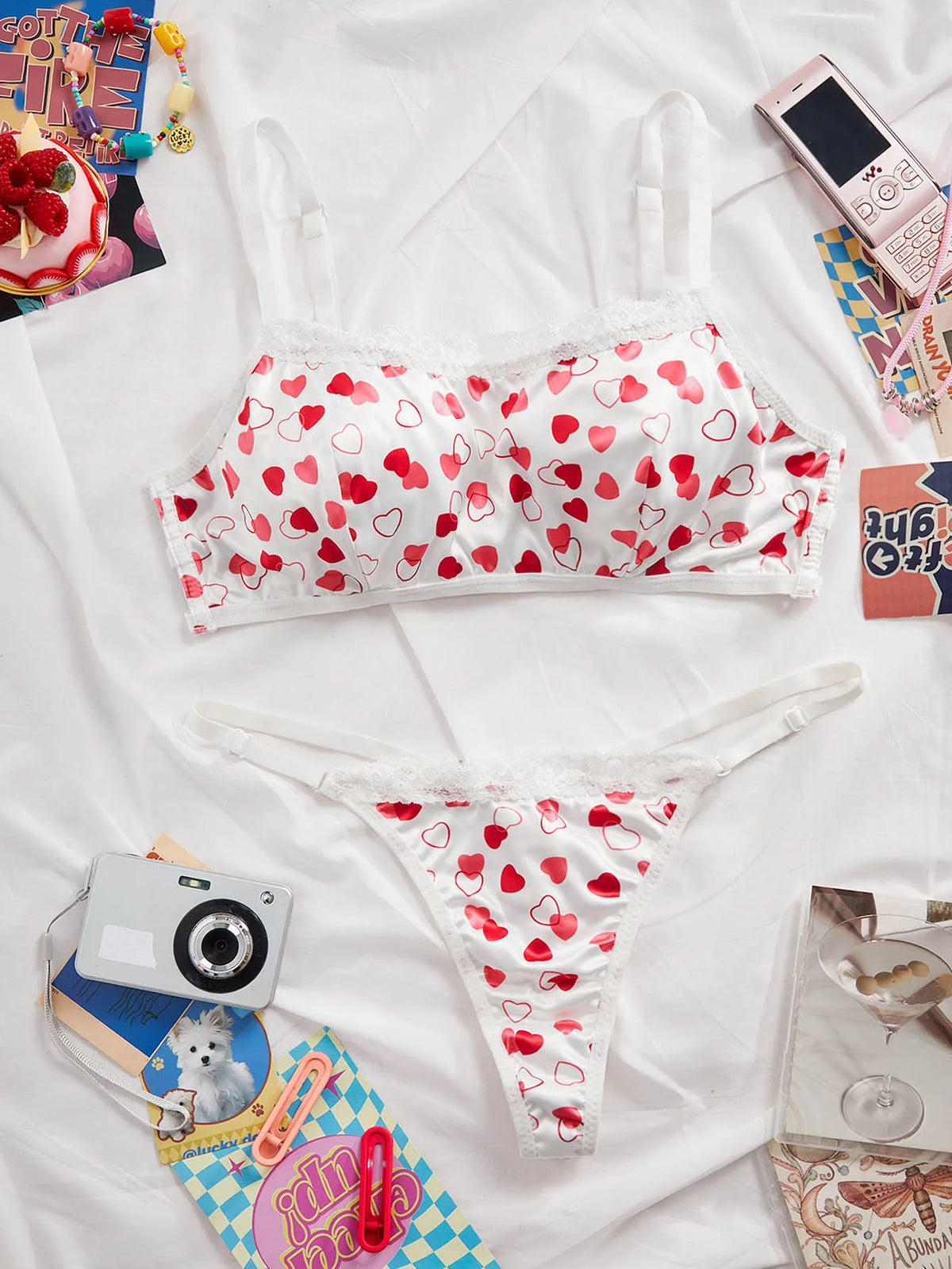 Heart Print Lace Trim Lingerie Set for Women Wireless Bandeau Bra Adjustable Strap Thong