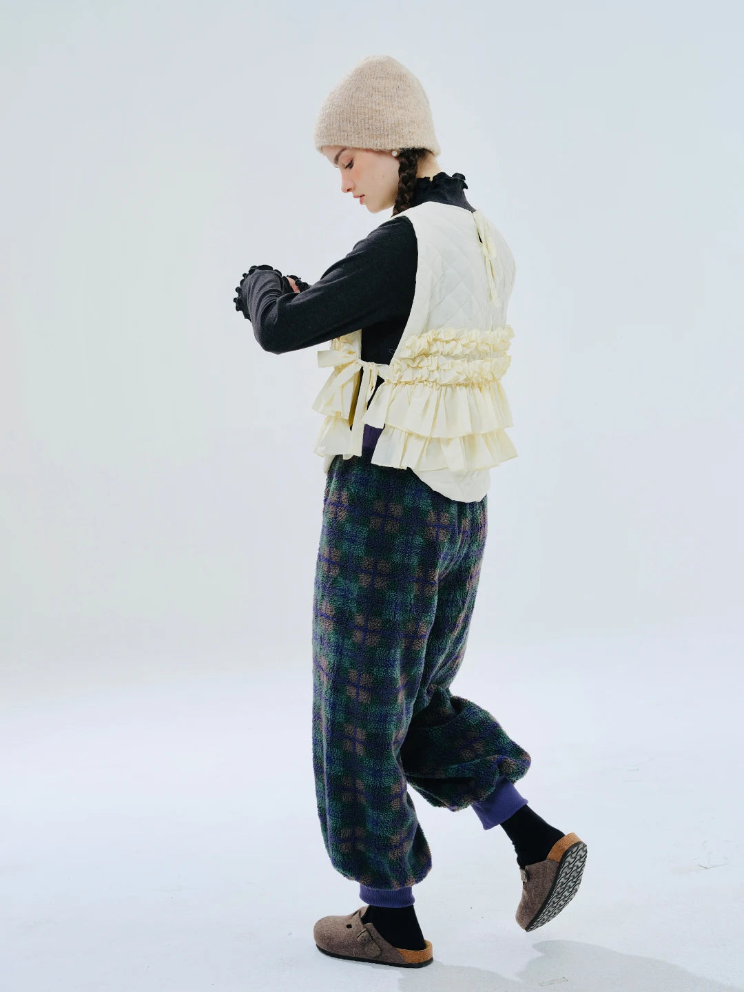 Green Plaid Lamb Wool Lantern Pants Female clothing women's pants and trousers Elastic Waist Loose Baggy Trousers for woman
