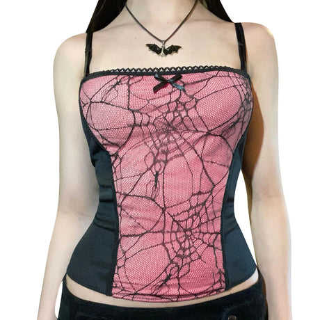 Combhasaki Summer Women's Sexy Gothic Halloween Backless Camisole Spider Web Lace Edge Back Zipper Sleeveless Slim Fit Tops