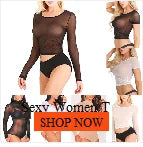 Sexy Women T Shirt See Through Mesh Black Long Sleeve Bodysuit Sheer Slim Turtleneck Tulle Crop Top T-Shirt Transparent Clubwear