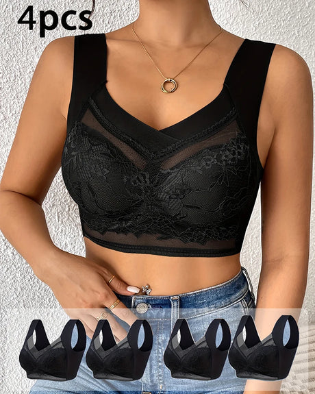 FINETOO 4Pcs Plus Size Sexy Crop Tank Top Seamless Bra Push Up Women Bras Wireless Bralette Femme Underwear Sports Lace Lingerie