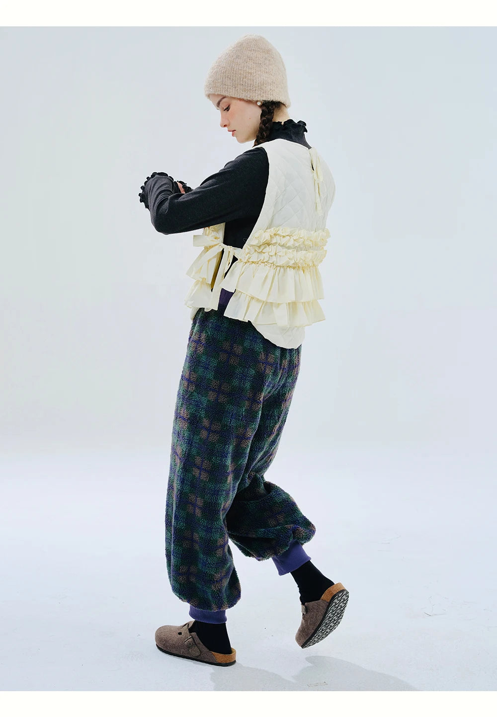Green Plaid Lamb Wool Lantern Pants Female clothing women's pants and trousers Elastic Waist Loose Baggy Trousers for woman