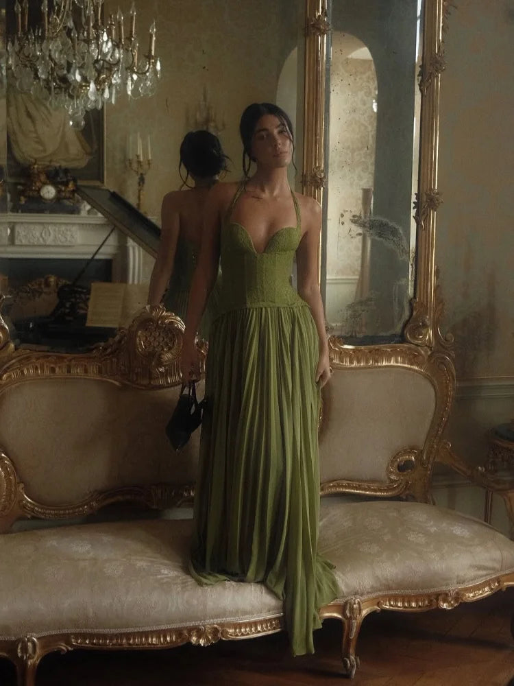 Elegant Women's Halter Long Dress Corset Pleated Dresses Evening Party Formal Wedding Guest Green Graduation Bridesmaid Gown New