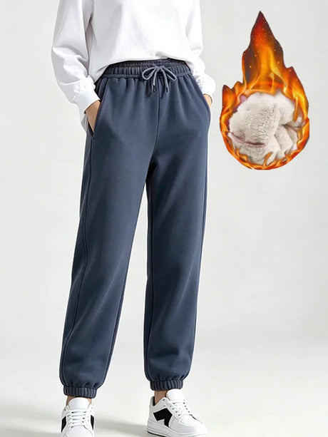 Autumn Winter Warm Solid Color Fleece Women Long Pants Casual Loose Elastic Waist Sports Pants Office Ladies Trousers Women