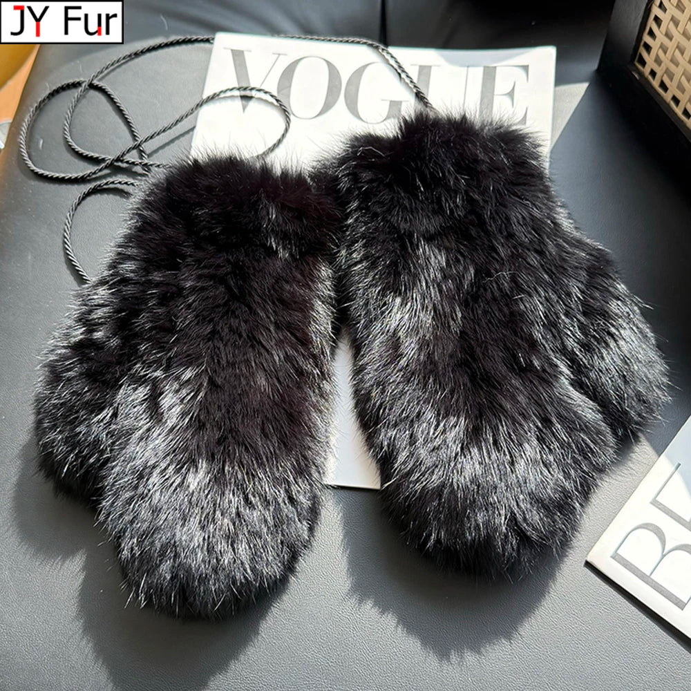 Hot Sale Women's 100% Natural Rabbit Fur Winter Gloves Warm Knit Thick Thermal Mittens Soft Real Fur Outdoor Cold Weather Glove