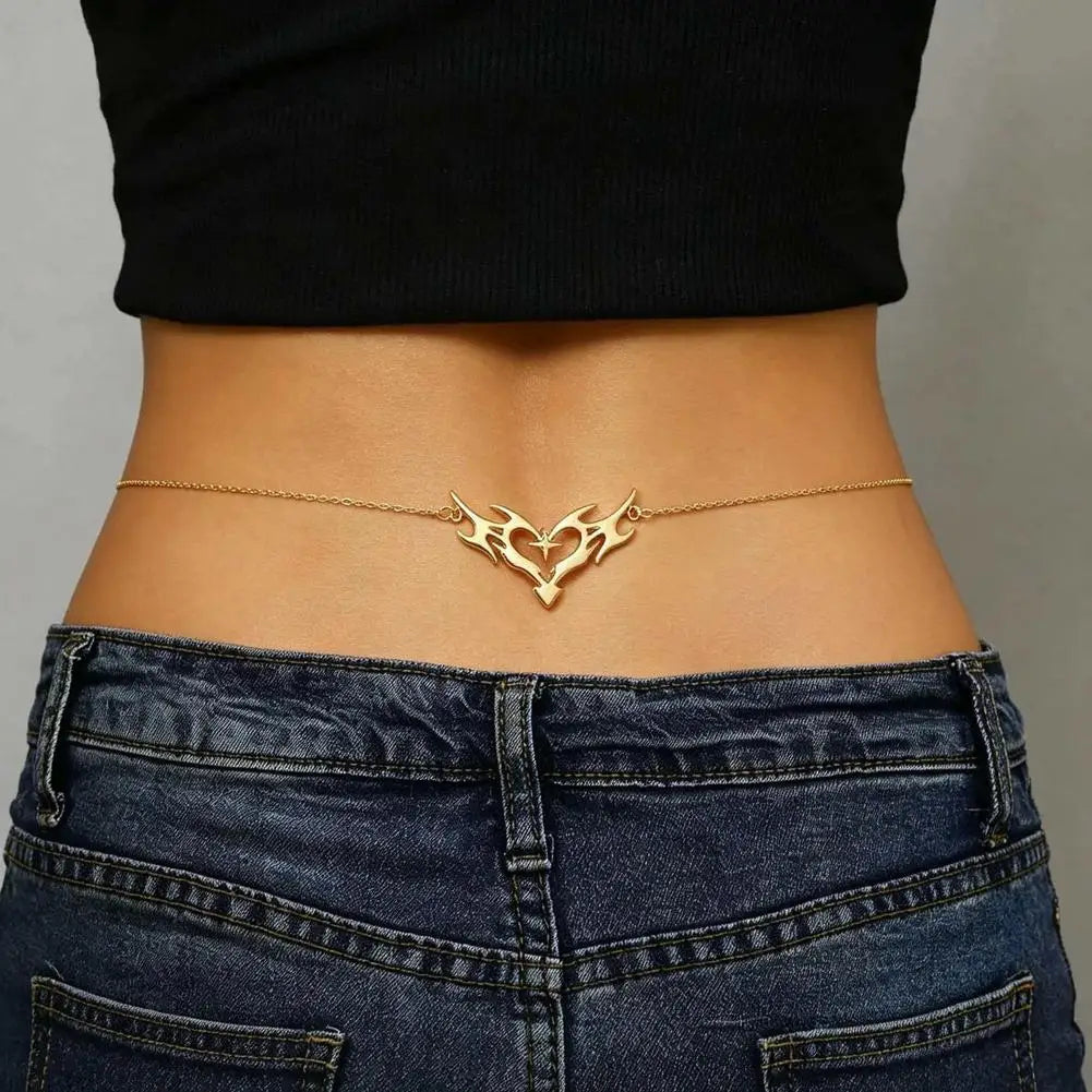 Gothic Heart Flame Waist Chain Sexy Punk Metal Waist Belly Belt Chain Y2K Body Chain for Beach Bikini Party Outfit Jewelry