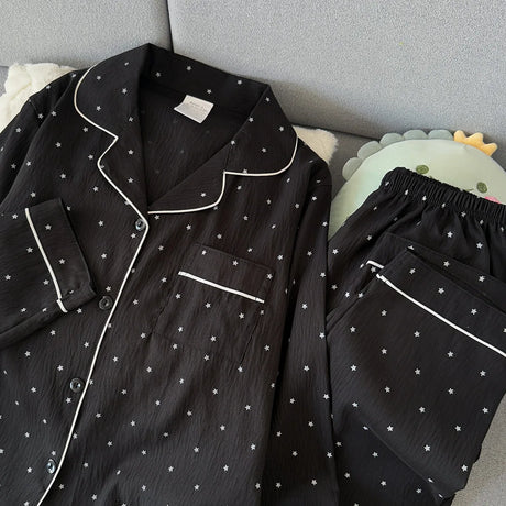 Spring and Autumn Large Black Pajama Women's Long Sleeve Set Sweet Cardigan High End Home Clothes Ladies Nightwear Star Print