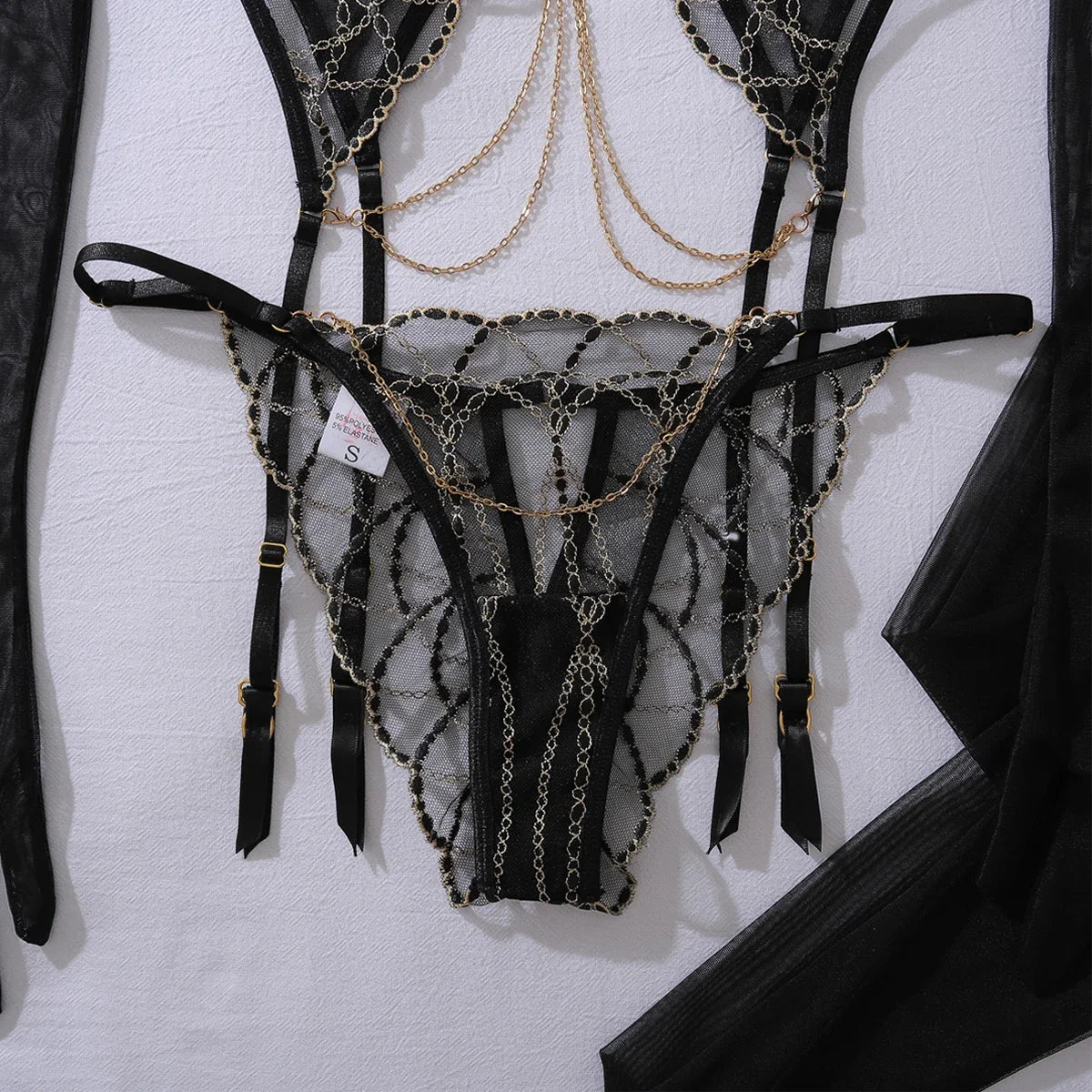 Romantic Women's Lingerie Intimate Sets Elegant Chains Bra Belt Thong 3PC with Gloves Stockings Shiny Intimate Honey Underwear