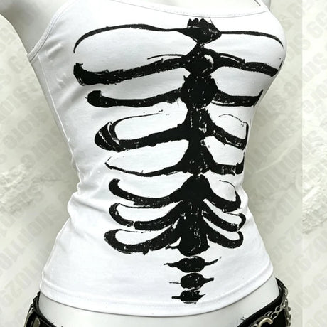 Y2K Gothic Alt Sleeveless Crop Top Vintage Grunge Skeleton Front Back Graphic Slim Women Skeleton Ribcage Spine Cami Tank Tops