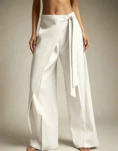 Women High Waist Wide Leg Pants Loose Wrap Tie Knot Asymmetric Pleated Trousers Beach Casual Bottoms