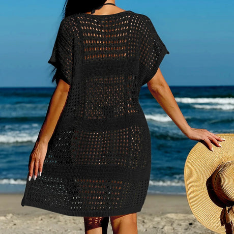 Knitting V-Neck Sexy Hollow Out Beach Bikini Cover-Ups Ladies Summer Vacation Casual Loose Beachwear Sunscreen Smock