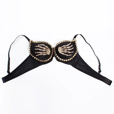 Gothic Punk Bra Gold Rivet Skeleton Hands Fashion Push Up Bras for Women Sexy Corset Top Party Club Dance Wear