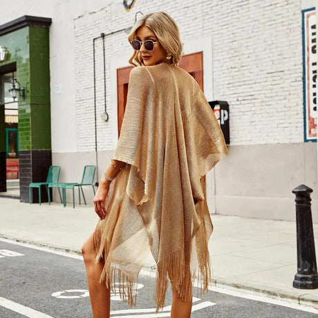 Swimsuit Cover-ups Fashion Tassel Gold Bikini Beach Cover Up Sexy Beach Dress Tunics for Women Summer Wear See Through