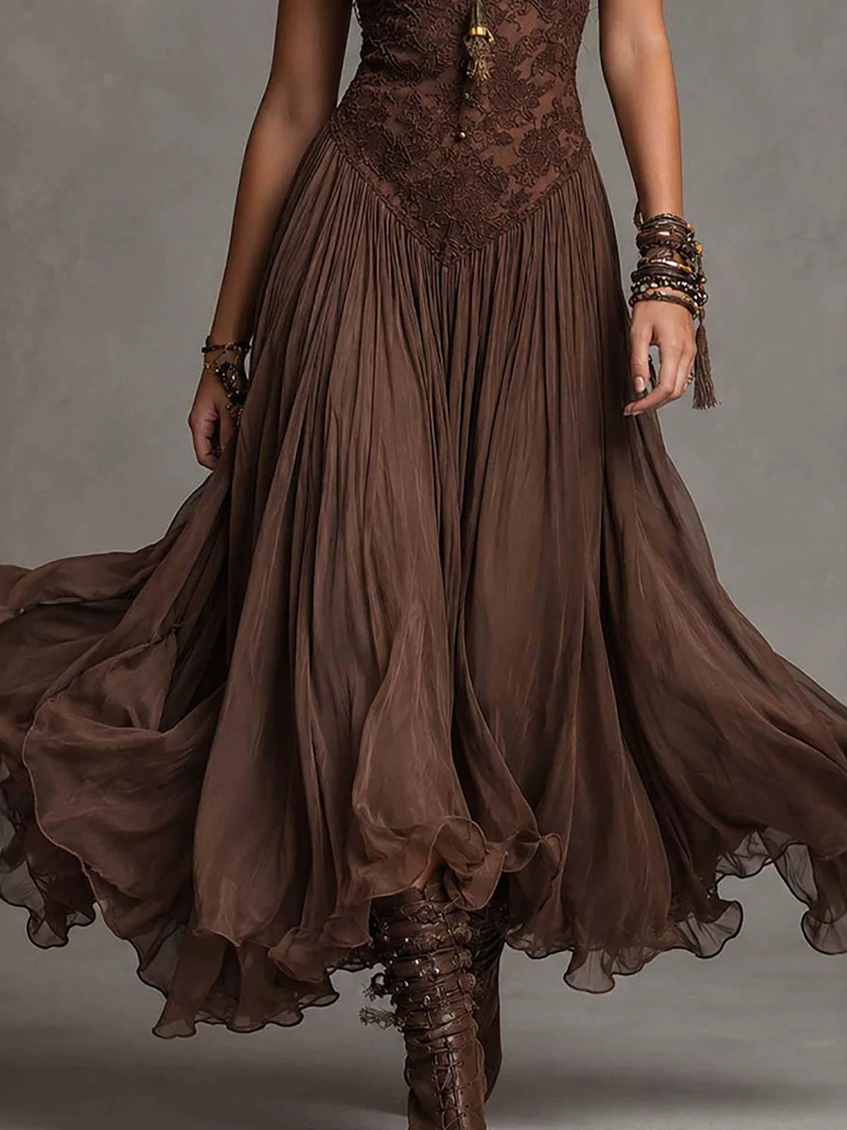 Women‘s Spaghetti Strap Lace Midi Boho Dress Sexy V Neck Ruched Flowy Mesh Sheer Dress Tiered Hem Western Vacation Party Dresses