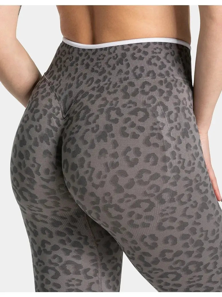 Women's Contrast Color Leopard Print Yoga Pants High Waist Elastic Hip Lifting Quick Dry Breathable Sports Trousers For Gym Runn