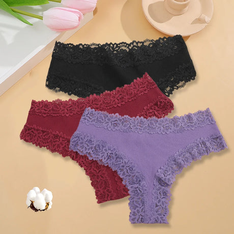 3PCS/Set Sexy Lace Seamless Cotton Brazilian Panties Women Ribbed Intimates Breathable Panties Low Waist Female Cotton Underwear