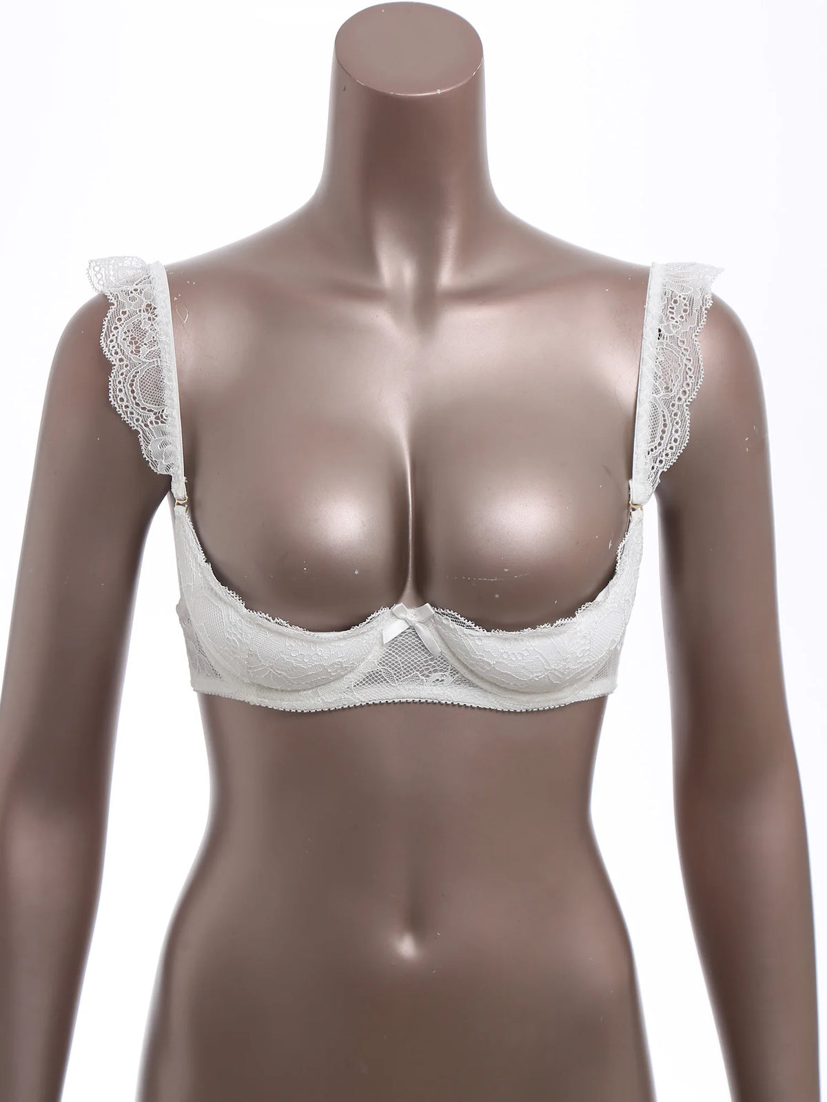 Womens Floral Lace 1/4 Cup Bra Removable 2cm Thick Pads Underwired Balconette Bra Ruffled Spaghetti Straps Brassiere Lingerie