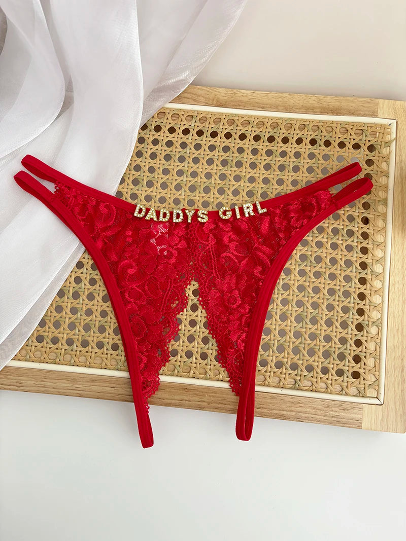 Custom Name Crystal Letter Briefs Sexy Lace Crotchless Knickers Hollow Waist Panties Open Gear Underpants Girlfriend Wife Gift