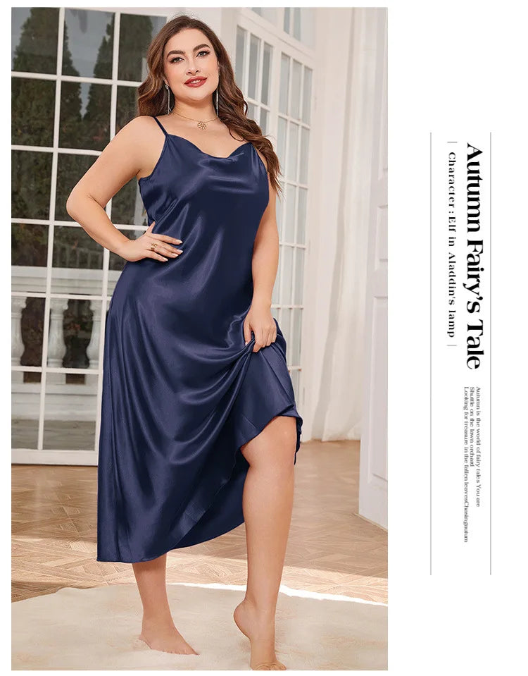 2025 New Women's Fashionable Sexy Plus Size 2XL Long Silk-Like Sling Nightgown Breathable Casual Sleepwear Loungewear