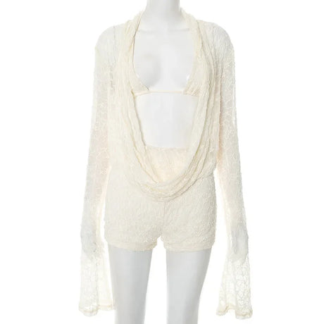 Women's Summer Solid Lace Cami Bra Cowl Neck Long Sleeve Top Shorts Set Fashion Casual Outfit Two Piece Set Women Sexy Club