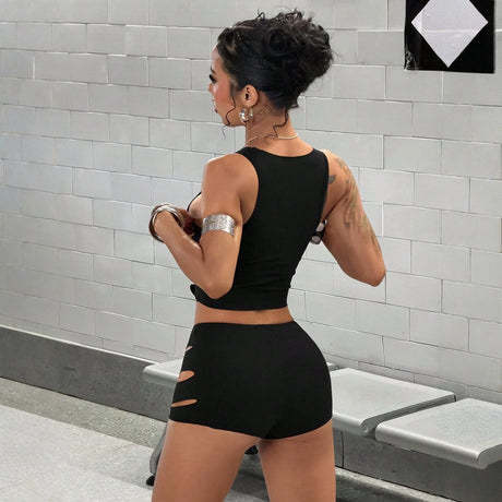 Shorts Set Hollow Out Set Sexy Style with Sleeveless Short Sleeve Summer Streetwear No Iron Finish Sexy Baddie Women Shorts