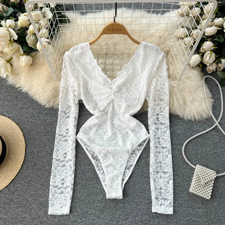 Sexy Mesh Lace Bodysuit Fashion Long Sleeve V-neck One Piece Basic Hotsweet Women Print Gothic Slim Streetwear Jumpsuit Ins