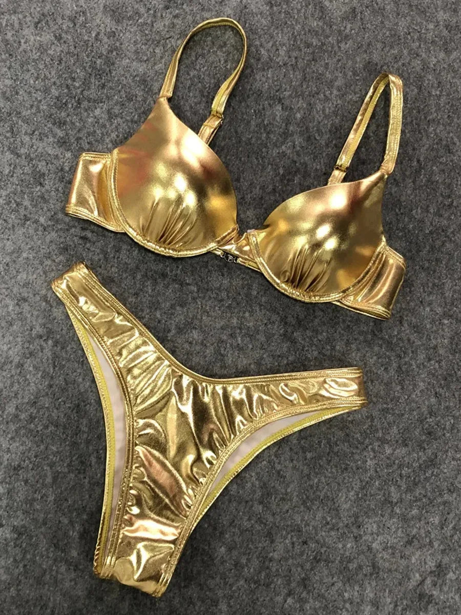 Shiny PU Faux Leather Bikini Push Up Swimsuit Women Swimwear Female Two-pieces Bikini set Bra Cup Bather Bathing Suit Swim