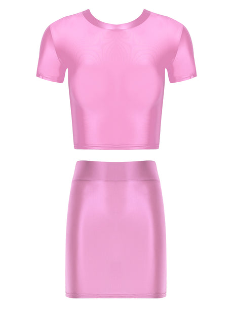 Womens Glossy Two-piece Outfit Oil Shiny Smooth High Waist Mini Skirt with Tank Top Nightclub Rave Outfit Pole Dancing Clubwear
